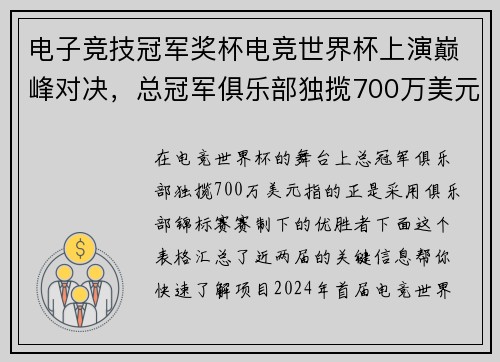 电子竞技冠军奖杯电竞世界杯上演巅峰对决，总冠军俱乐部独揽700万美元巨奖 